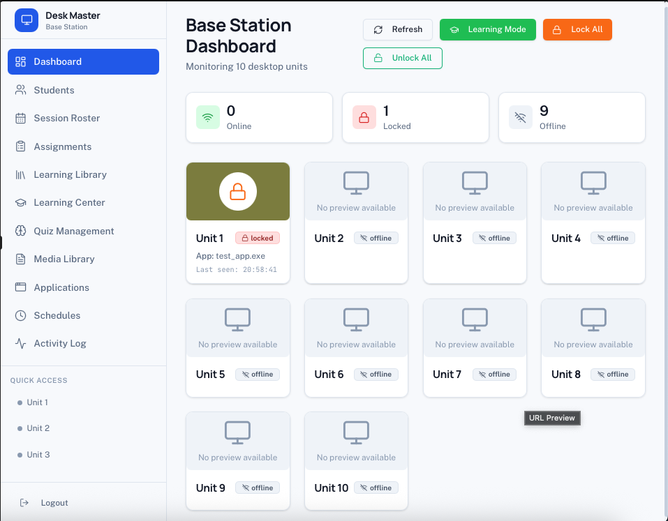Desk Master Base Station Dashboard with desktop status cards, lock controls, students, assignments and learning tools