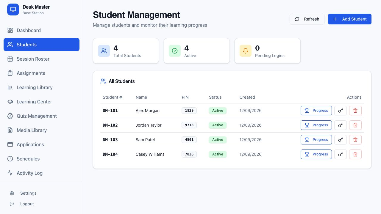 Desk Master student management screen