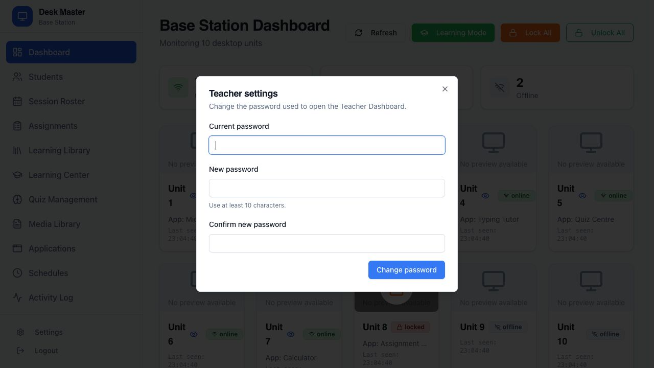 Desk Master teacher password settings